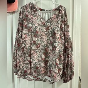 Floral V-Neck Blouse - Pink and Gray